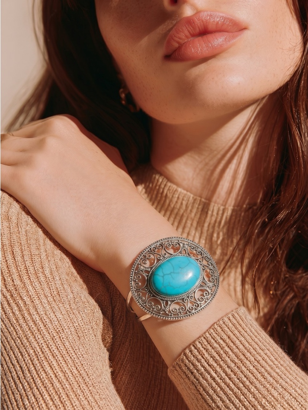 Turquoise Stone Filigree Cuff Bracelet - Women Jewelry